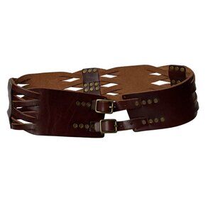 Lucky Brand Brown Leather Wide Woven Belt Brass Stud Accents 28"